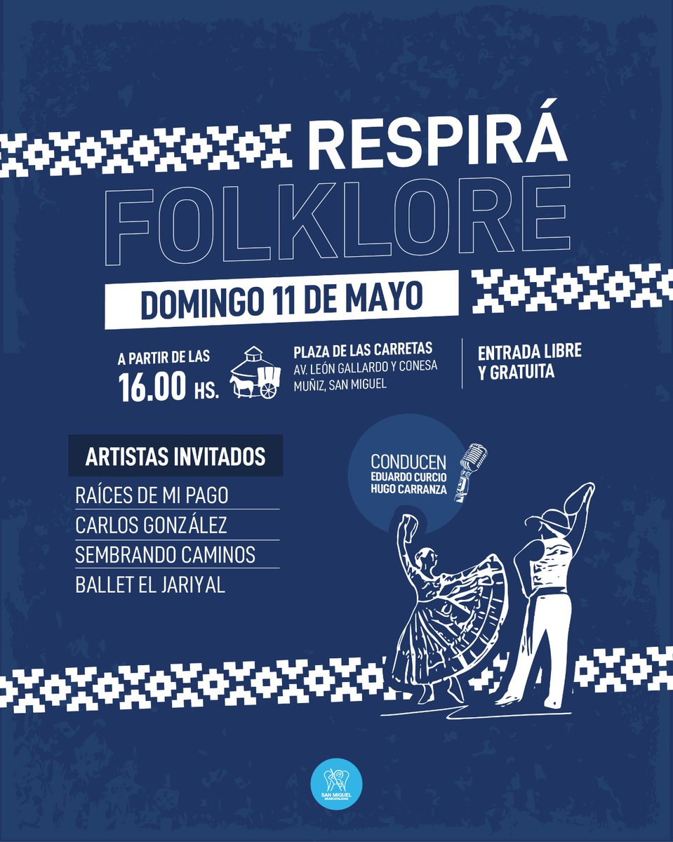 Respirá Folklore🎶🎸🇦🇷
🗓️ Te esperamos el domingo 11 de mayo, a partir de las 16hs.
📌 Plaza de las Carretas, Av. León Gallardo y Conesa
ENTRADA LIBRE Y GRATUITA