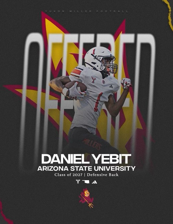 Daniel Yebit (@dyebit) on Twitter photo After a great conversation with <a href="/CoachMohns/">Jason Mohns 🔱 🏈</a> I am blessed to announce I have receive an offer from Arizona State University.
#ForksUp
<a href="/MillersFB/">Yukon Miller Football</a> <a href="/Bdrumm_Rivals/">Brandon Drumm</a> <a href="/Josh_Scoop/">Josh McCuistion</a> <a href="/CoachBC_/">Bryan Carrington</a> After a great conversation with <a href="/CoachMohns/">Jason Mohns 🔱 🏈</a> I am blessed to announce I have receive an offer from Arizona State University.
#ForksUp
<a href="/MillersFB/">Yukon Miller Football</a> <a href="/Bdrumm_Rivals/">Brandon Drumm</a> <a href="/Josh_Scoop/">Josh McCuistion</a> <a href="/CoachBC_/">Bryan Carrington</a>