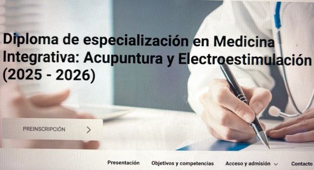 IV Edición del Diploma de Especialización en Medicina Integrativa: Acupuntura y Electroestimulación (2025-2026)
Un postgrado en  <a href="/UniBarcelona/">Universitat de Barcelona</a>  

Inicio: 20/10/2025
Final: 15/06/2026
Duración: 1 año

Dirección: <a href="/MarianLorent/">Marian Lorente</a> 

Inscripción en
web.ub.edu/web/estudis/w/…