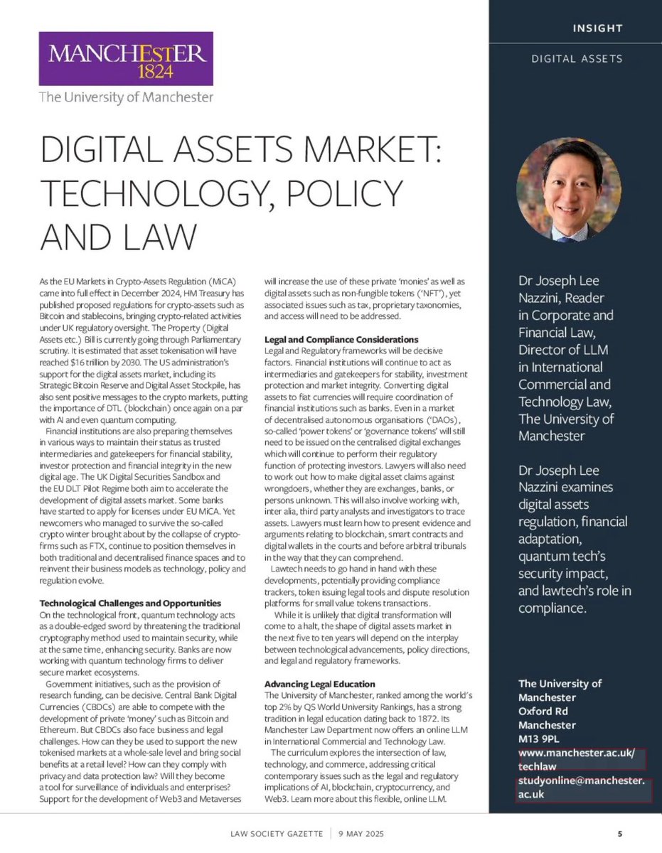 As the Solicitors Regulation Authority (SRA) of England and Wales approves the first AI law firm, I am glad to contribute an article on ‘Digital Assets Market: Technology, Policy and Law’ in the latest issue of Law Society Gazette, out today. 

edition.pagesuite.com/html5/reader/p…