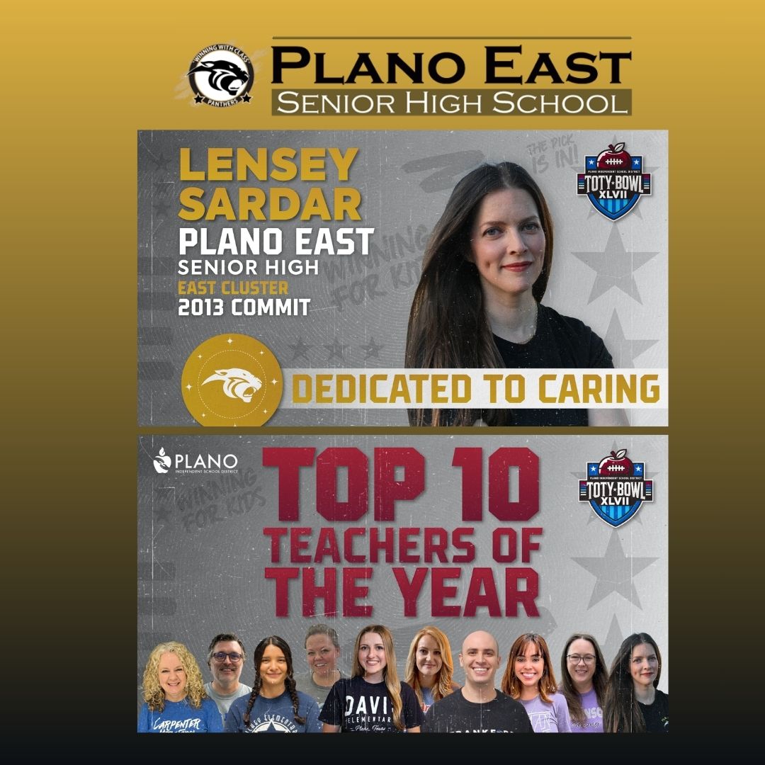 🎉 We’re closing out Teacher Appreciation Week with a huge shoutout to our Teacher of the Year, Lensey Sardar! At last night’s banquet, she was named a Top 10 finalist—but she’ll always be #1 at Plano East! 💛🖤
