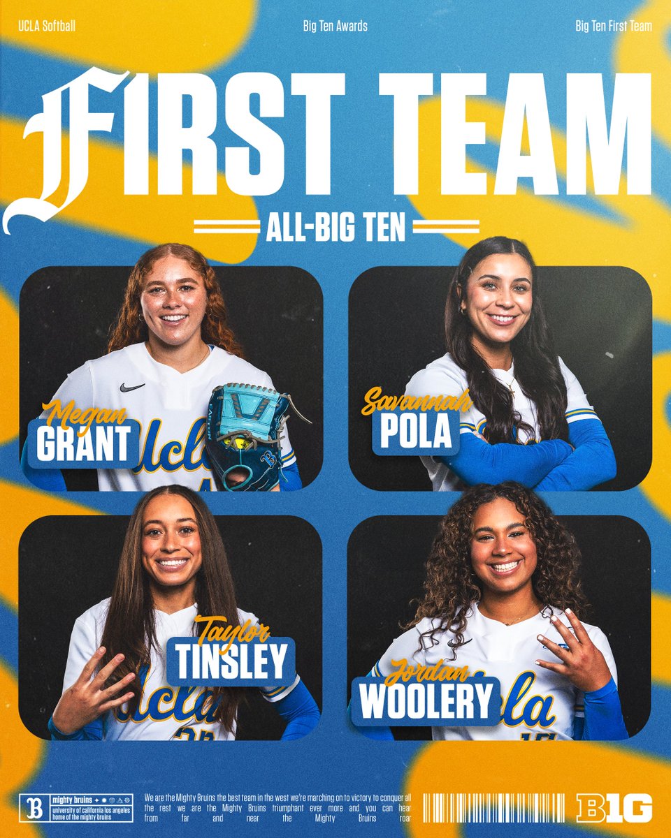 Four Bruins Named All-Big Ten First Team 👏

📝: ucla.in/4k9grGy 

#GoBruins | @B1GSoftball
