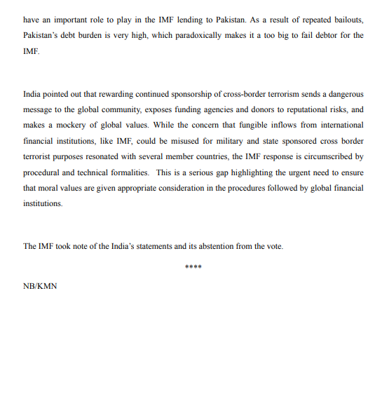 ANI's tweet photo. The International Monetary Fund (IMF) today reviewed the Extended Fund Facility (EFF) lending program ($1 billion) and also considered a fresh Resilience and Sustainability Facility (RSF) lending program ($1.3 billion) for Pakistan. As an active and responsible member country, India raised concerns over the efficacy of IMF programs in case of Pakistan, given its poor track record, and also on the possibility of misuse of debt financing funds for state-sponsored cross-border terrorism: Govt of India