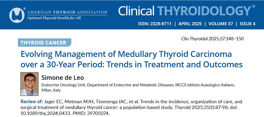 Clinical Thyroidology (@clinicalthyroid) on Twitter photo In this issue: what are trends in management of #MedullaryThyroidCancer over the yrs & what does it mean? Recent pub in <a href="/thyroidjournal/">Thyroid Journal</a> reviewed by Dr. de Leo is online.
ow.ly/SSyw50VLsR1
#medtwitter #endotwitter #MTC #thyroidcancer <a href="/ThyCaInc/">ThyCa Inc.</a> <a href="/thancfoundation/">THANC Foundation</a> #thyroid In this issue: what are trends in management of #MedullaryThyroidCancer over the yrs & what does it mean? Recent pub in <a href="/thyroidjournal/">Thyroid Journal</a> reviewed by Dr. de Leo is online.
ow.ly/SSyw50VLsR1
#medtwitter #endotwitter #MTC #thyroidcancer <a href="/ThyCaInc/">ThyCa Inc.</a> <a href="/thancfoundation/">THANC Foundation</a> #thyroid