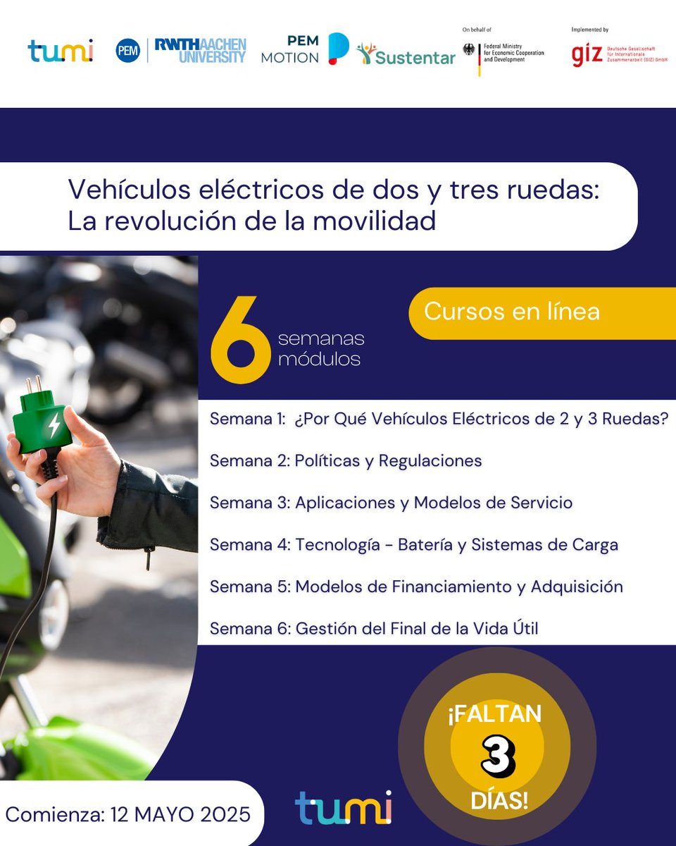⚡️ ¡Faltan solo 3 días!
 ¿Estás listo para sumarte a la revolución de la movilidad?
"Vehículos eléctricos de dos y tres ruedas: La revolución de la movilidad", comienza este 12 de mayo.

Inscríbite👉 lnkd.in/d6TKNWnN