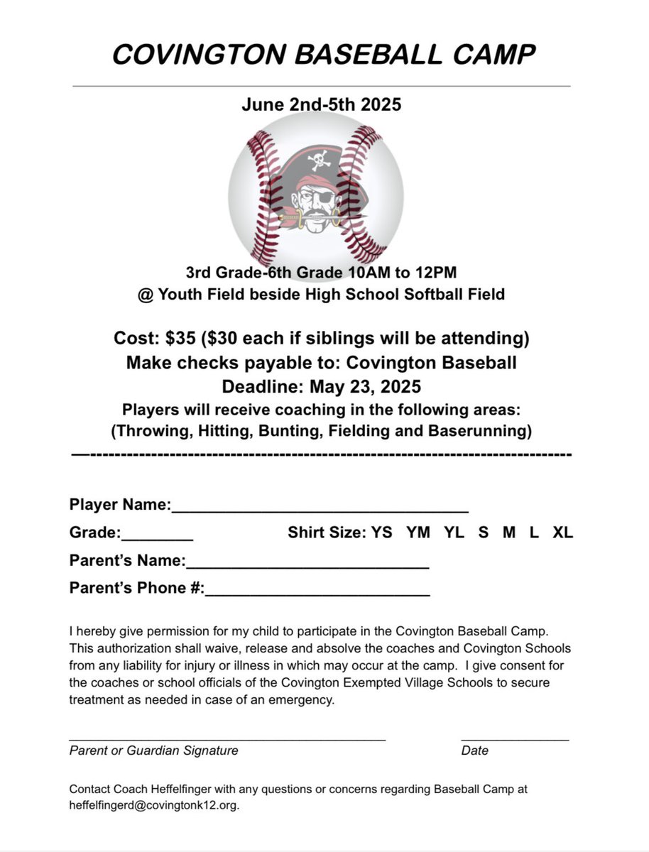 The Covington Baseball program will be holding their annual youth camp this summer during the week of June 2nd. Please see the flyer below for more information.  #BuccPride