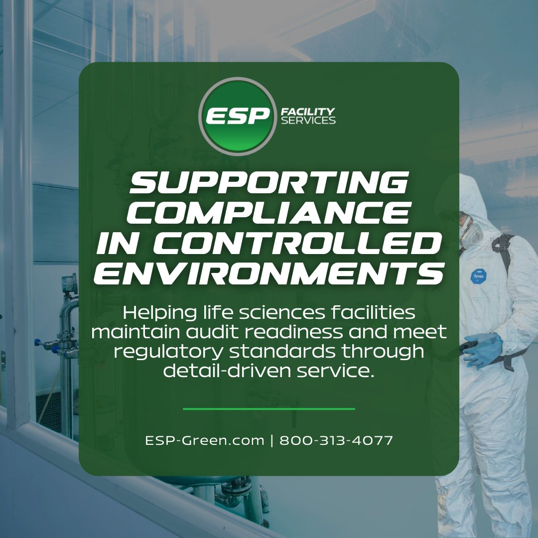 ESPFacilityServ's tweet image. In biotech environments, compliance matters. ESP Facility Services helps maintain high-performance controlled environment space through compliance that reduces risk and keeps your operations running smoothly.
#ControlledEnvironments #ProactiveSolutions #BiotechSupport