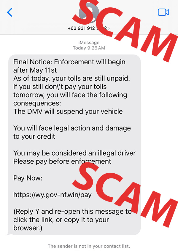 There are scam texts floating around with a link to a spoofed version of our website. These texts are a SCAM. 
WY has no toll roads. We will never text you unprompted, especially from a foreign number. Also, note the URL in the text is wrong. Do not click/tap any links
#wyoroad