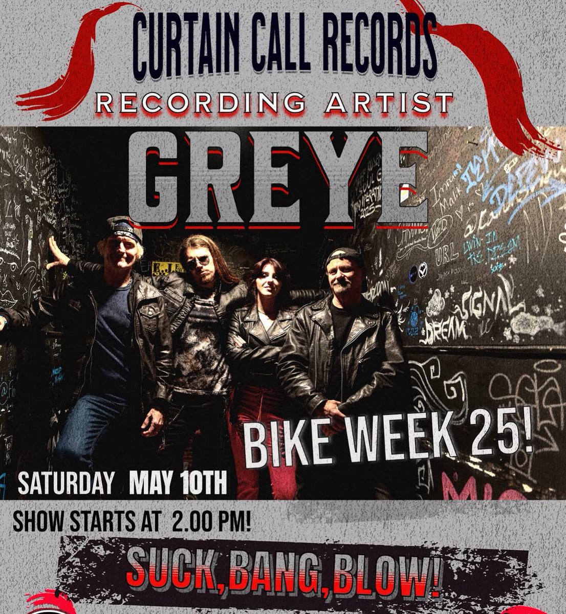 MYRTLE BEACH, GET READY 🔥 Greye will be in your area tomorrow at the world famous Suck Bang Blow from 2-6! We can’t wait to see you there 🤘🏻 #greye #myrtlebeach #rock #myrtlebeachbikeweek #suckbangblow