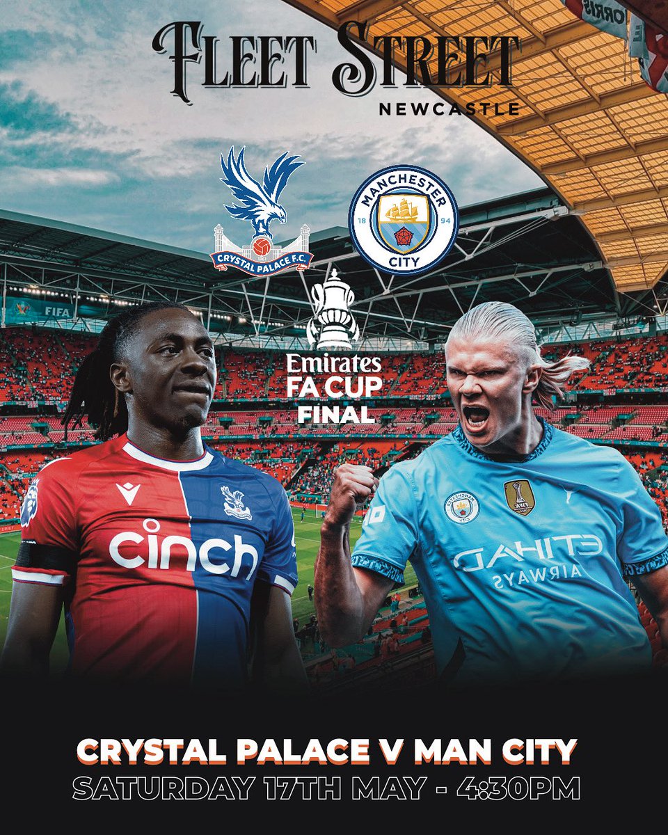 The FA Cup Final, live at Fleet Street!
Crystal Palace take on Man City in a huge Wembley showdown – and we’ve got every second on our big screens with full sound.
Saturday 17th May | Kick-off 4:30PM
Cold pints, big screens, proper atmosphere.

#FACupFinal #FACup2025
