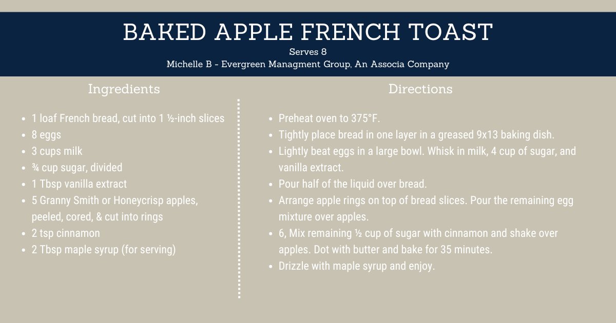 Make Mom's day extra special with this Baked Apple French Toast from our Associa Family Cookbook: 

#AssociaFamily #MothersDayBrunch #AppleFrenchToast