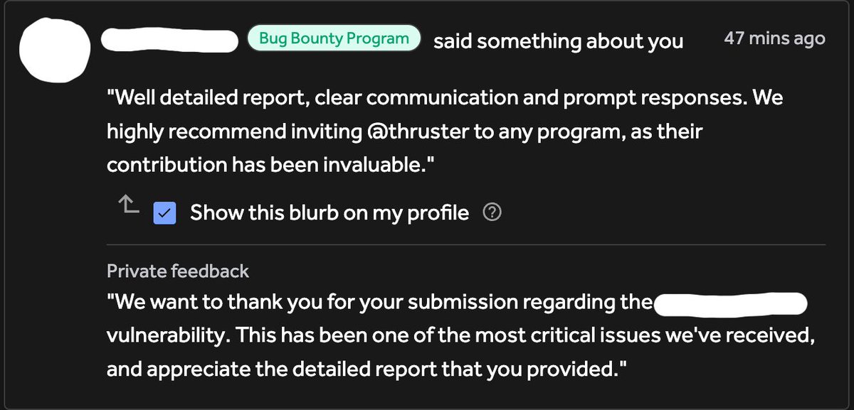 _thruster's tweet image. You know what feels better than a critical bounty?
A personalized and honest feeedback!

#bugbounty