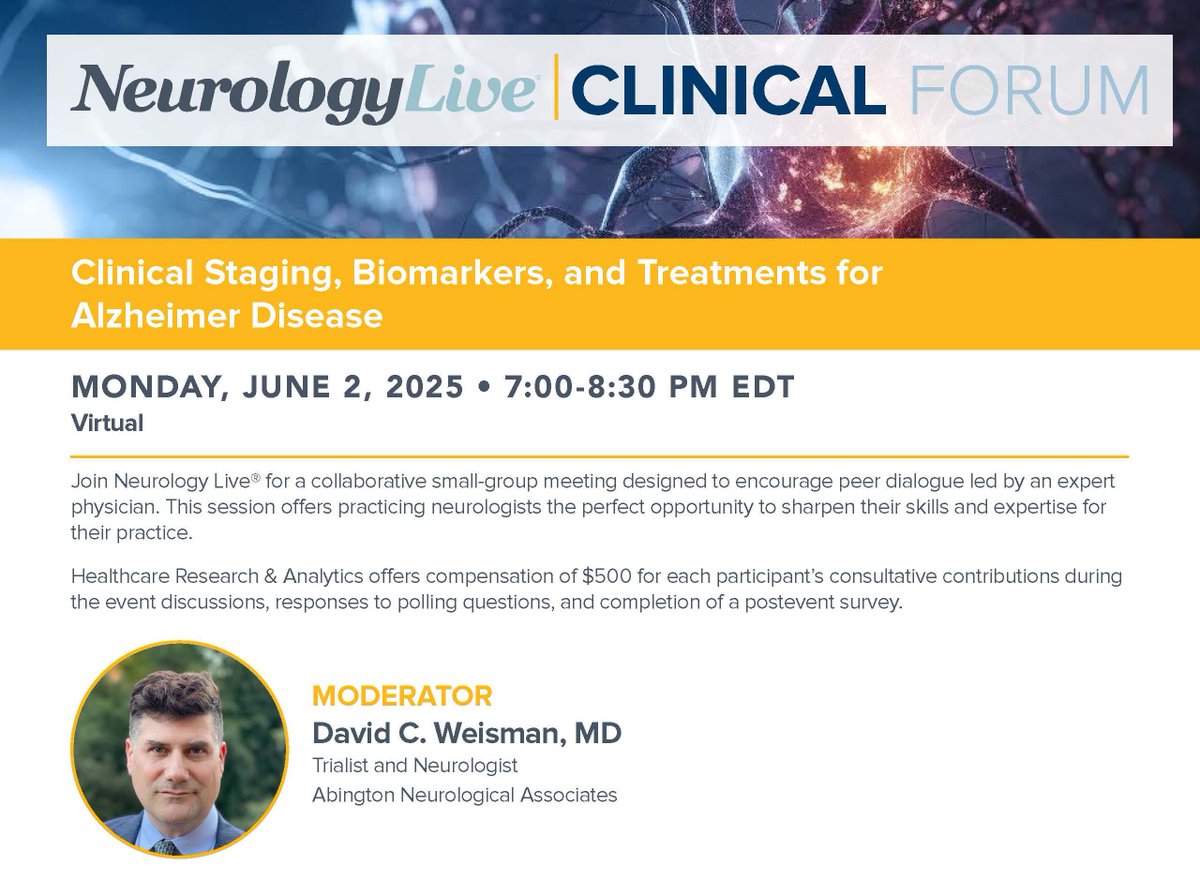 Association of University Professors of Neurology (@aupn_leaders) on Twitter photo Join @NeurologyLive & Dr. David Weisman on June 2nd for this virtual, small-group event on Clinical Staging, Biomarkers, and Treatments of Alzheimer Disease. This will be a collaborative discussion for practicing neurologists.
Learn more & register here: registration.neurologylive.com/clinical-forum⦠Join @NeurologyLive & Dr. David Weisman on June 2nd for this virtual, small-group event on Clinical Staging, Biomarkers, and Treatments of Alzheimer Disease. This will be a collaborative discussion for practicing neurologists.
Learn more & register here: registration.neurologylive.com/clinical-forumā¦