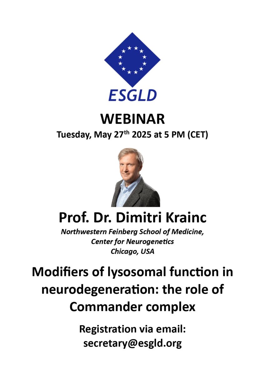 WinterLab (@lysoproteomics) on Twitter photo Our next ESGLD webinar is scheduled! Very happy to announce that <a href="/DimitriKrainc/">Dimitri Krainc</a> will tell us something about his exciting story how the Commander Complex affects #lysosomal function. For those of you which are not ESGLD members yet, please register with our secretary... Our next ESGLD webinar is scheduled! Very happy to announce that <a href="/DimitriKrainc/">Dimitri Krainc</a> will tell us something about his exciting story how the Commander Complex affects #lysosomal function. For those of you which are not ESGLD members yet, please register with our secretary...