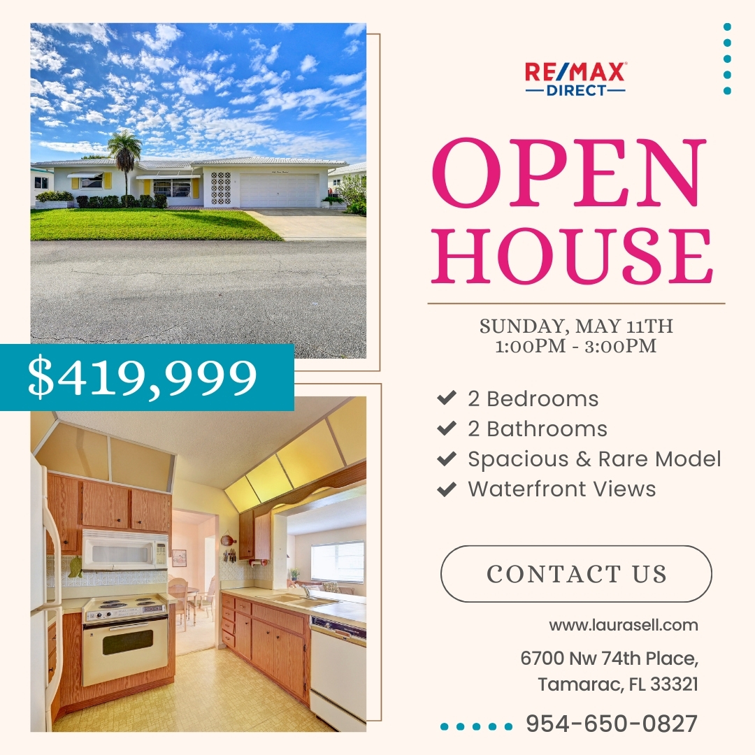 laurasellsflcom's tweet image. 🚨 OPEN HOUSE – THIS SUNDAY!
📍 6700 NW 74th Place, Tamarac, FL 33321
💰 Listed at $419,999
📆 Sunday, May 11th | ⏰ 1:00 PM – 3:00 PM
📲 Call Laura Sanders at 954-650-0827 for more info or stop by this Sunday!
#OpenHouse #TamaracRealEstate #WaterfrontHome