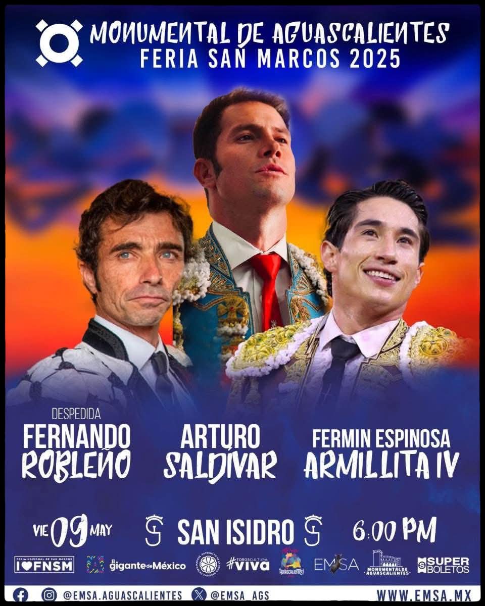Hoy Viernes 09 de Mayo
Fernando Robleño
Fermín Espinosa Armillita IV
toros San Isidro
6:00 PM