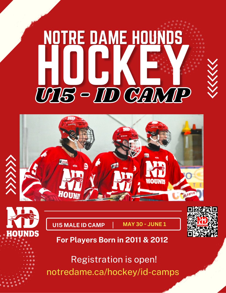 Notre Dame will be hosting a new U15 Male Hockey ID Camp for players born in 2011 and 2012!!! The camp will take place from May 30 - June 1. 

Click the link  to register for the camp on our website: notredame.ca/hockey/id-camps 
See you at camp! #notredamehoundshockey #ndhoundsalumni