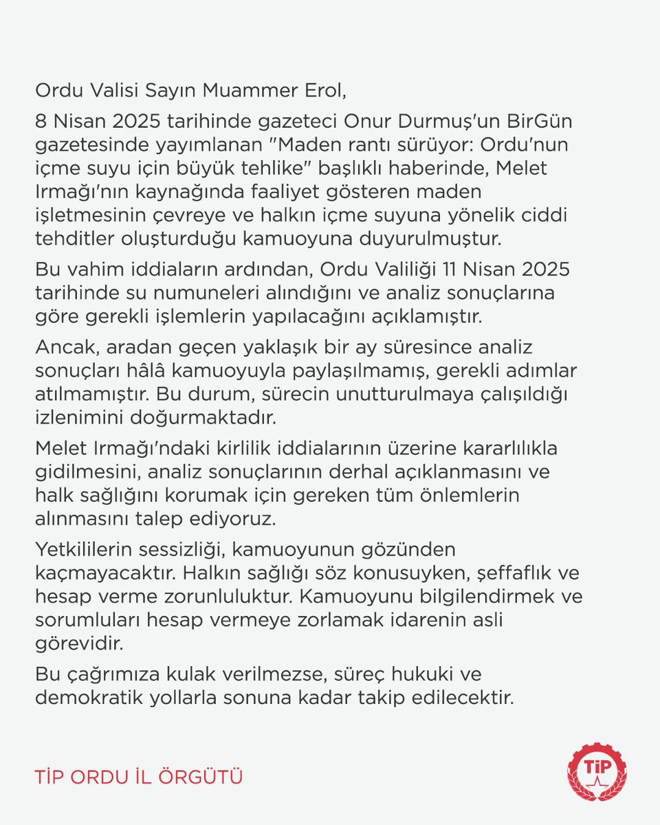 Melet Irmağı’ndaki kirlilik iddialarının üzerine kararlılıkla gidilmesini, analiz sonuçlarının derhal açıklanmasını ve halk sağlığını korumak için gereken tüm önlemlerin alınmasını talep ediyoruz.