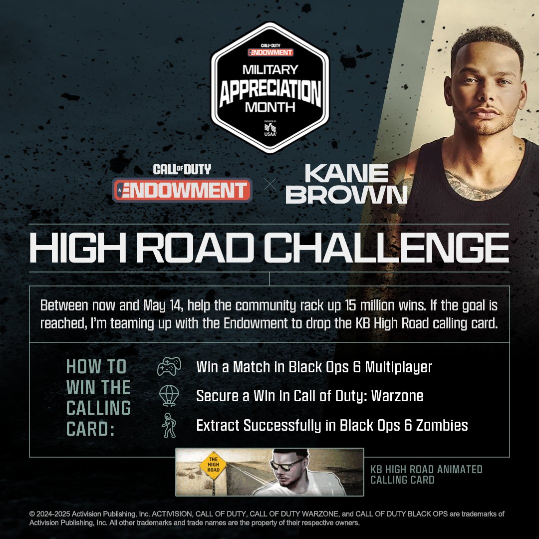 Call of Duty Endowment (@code4vets) on Twitter photo This Military Appreciation Month, take the High Road with the Call of Duty Endowment and <a href="/kanebrown/">Kane Brown</a>. Playing now until May 14 in Call of Duty MP, Warzone, and/or Zombies.
#KBHighRoad This Military Appreciation Month, take the High Road with the Call of Duty Endowment and <a href="/kanebrown/">Kane Brown</a>. Playing now until May 14 in Call of Duty MP, Warzone, and/or Zombies.
#KBHighRoad
