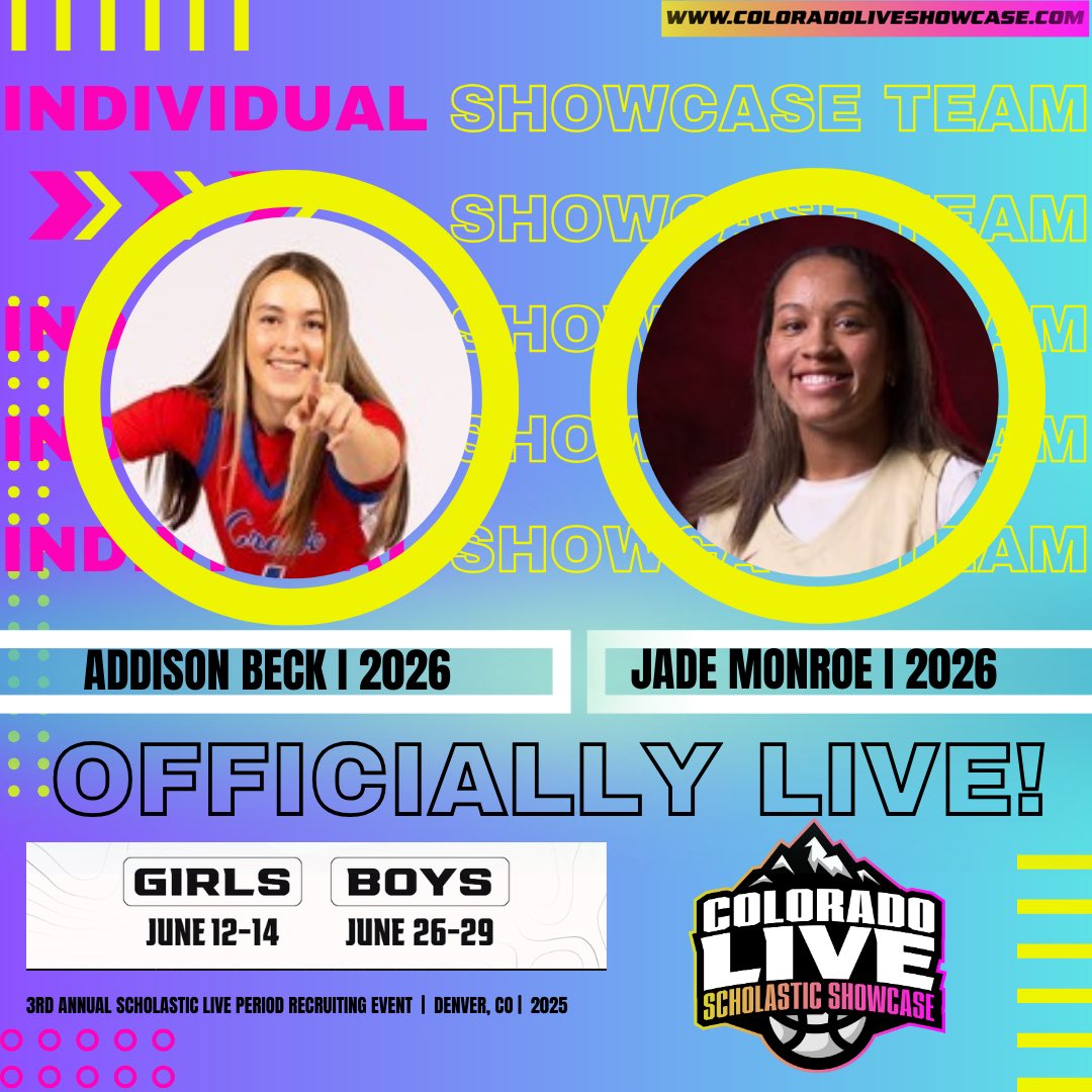 🚨OFFICIALLY LIVE‼️🏀🏔️ 

Welcome to Colorado Live Girls Individual Showcase Team!!

Addison Beck ( 2026) | <a href="/AddyBeck_2026/">Addison Beck (Addy)</a> 🔥
Jade Monroe ( 2026) I <a href="/Jade_Monroe00/">Jade Monroe</a> 🔥

📍 Denver, CO
📆 June 12-14th
⏳ Open Registration until Friday May 23rd
💻 ColoradoLiveShowcase.com ⬅️✅