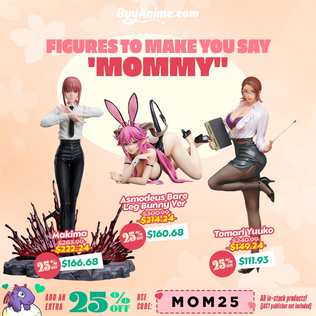Save more on your latest figure haul this #MothersDay with our site-wide sale! 🎁💖

Across our site, you can discover massive savings on over 350 figures - and save an EXTRA 25% on your order when you use our code 'MOM25'! 🙌

Find more figures at buyanime.com 🐉💞
