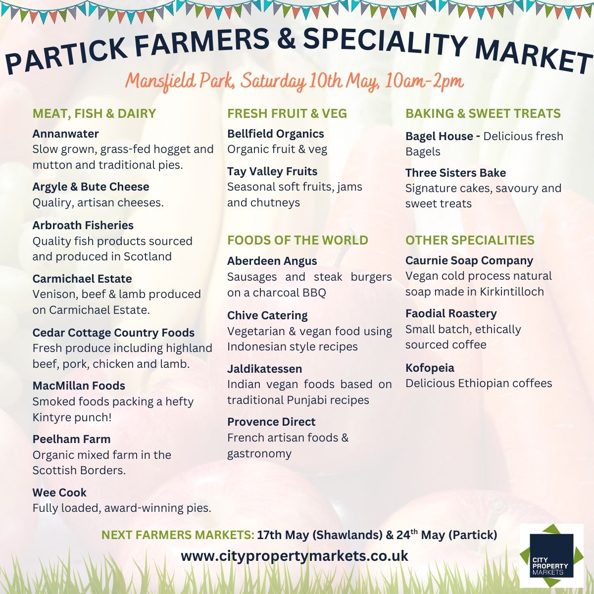 We're back in Partick tomorrow - find these traders at Mansfield Park from 10am-2pm
citypropertyglasgow.co.uk/markets/
#CityPropertyMarkets #GlasgowMarkets #Glasgow #FarmersMarkets #GlasgowFarmersMarkets #GlasgowWestEnd #Partick #ShopLocal #WhatsOnGlasgow
