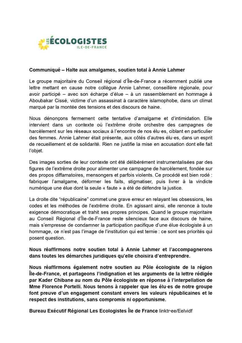 Les Écologistes - EELV Île-de-France (@eelvidf) on Twitter photo 🔴 Soutien total à <a href="/annielahmer/">https://bsky.app/profile/annielahmer.bsky.social</a>.
Mise en cause pour sa présence à un hommage, notre collègue subit une campagne de harcèlement orchestrée par l'extrême droite.
Quand la droite relaie ces méthodes, ce sont les valeurs de la république qu’elle trahit. Nous ne céderons pas. 🔴 Soutien total à <a href="/annielahmer/">https://bsky.app/profile/annielahmer.bsky.social</a>.
Mise en cause pour sa présence à un hommage, notre collègue subit une campagne de harcèlement orchestrée par l'extrême droite.
Quand la droite relaie ces méthodes, ce sont les valeurs de la république qu’elle trahit. Nous ne céderons pas.