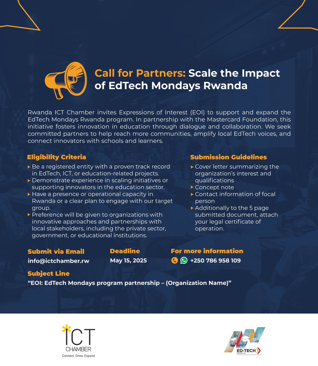 Rwanda ICT Chamber (@rwictchamber) on Twitter photo Join us in expanding this powerful #platform that connects #innovators, educators, and #communities to shape the future of #learning.
Submit your EOI today to info@ictchamber.rw or find full details in the flyer. Join us in expanding this powerful #platform that connects #innovators, educators, and #communities to shape the future of #learning.
Submit your EOI today to info@ictchamber.rw or find full details in the flyer.