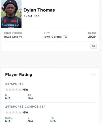 Dylan Thomas 2029 (@dylan_factor) on Twitter photo Blessed to be on all three databases as a 2029 athlete
<a href="/On3Recruits/">On3 Recruits</a>
<a href="/Rivals/">Rivals</a>
<a href="/247/">247</a>
<a href="/JJKilgore_SDS/">JJ Kilgore</a>
<a href="/US_ArmyBowl_GS/">Military Appreciation Bowl Games</a>
on3.com/db/dylan-thoma…
<a href="/_UnderTheRadar_/">UnderTheRadar</a>
<a href="/SavvySavagesUni/">Savvy Savages University</a>
<a href="/PlayBookAthlete/">PLAYBOOK ATHLETE</a>
<a href="/TXMSSports/">Texas Middle School & Youth Sports</a>
<a href="/TXTopTalent/">TX TOP TALENT</a>
<a href="/DEFCONTX7v7/">DEFCON 1 TEXAS 7v7</a>
<a href="/coach9cg/">Clayton Guillory</a>
<a href="/On3Recruits/">On3 Recruits</a>
<a href="/PrepRedzoneNext/">Prep Redzone 𝙉𝙀𝙓𝙏 🏈</a> Blessed to be on all three databases as a 2029 athlete
<a href="/On3Recruits/">On3 Recruits</a>
<a href="/Rivals/">Rivals</a>
<a href="/247/">247</a>
<a href="/JJKilgore_SDS/">JJ Kilgore</a>
<a href="/US_ArmyBowl_GS/">Military Appreciation Bowl Games</a>
on3.com/db/dylan-thoma…
<a href="/_UnderTheRadar_/">UnderTheRadar</a>
<a href="/SavvySavagesUni/">Savvy Savages University</a>
<a href="/PlayBookAthlete/">PLAYBOOK ATHLETE</a>
<a href="/TXMSSports/">Texas Middle School & Youth Sports</a>
<a href="/TXTopTalent/">TX TOP TALENT</a>
<a href="/DEFCONTX7v7/">DEFCON 1 TEXAS 7v7</a>
<a href="/coach9cg/">Clayton Guillory</a>
<a href="/On3Recruits/">On3 Recruits</a>
<a href="/PrepRedzoneNext/">Prep Redzone 𝙉𝙀𝙓𝙏 🏈</a>