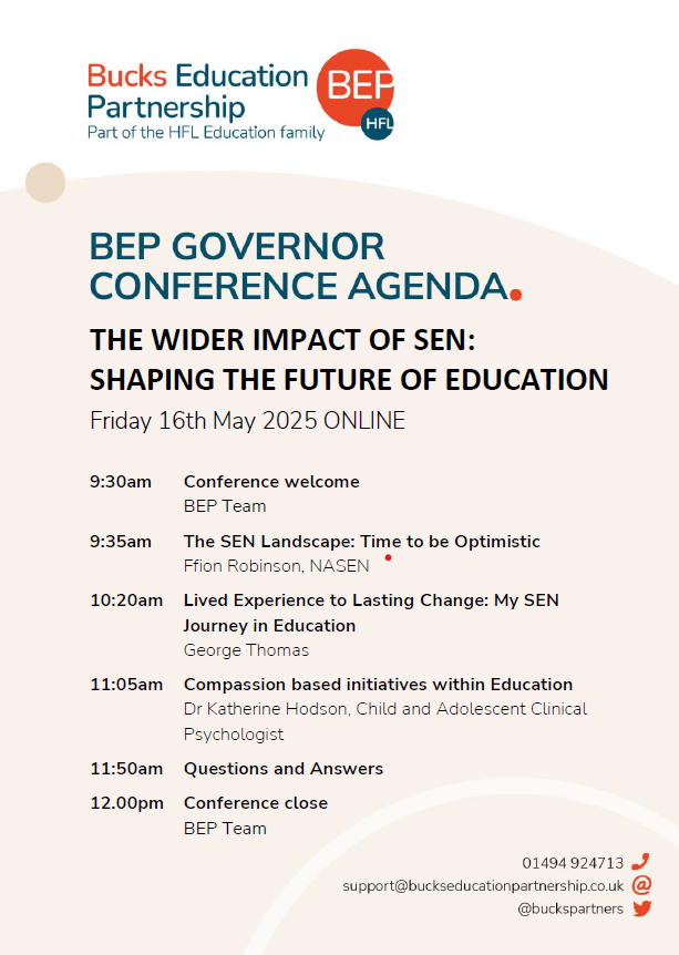 The Wider Impact of SEN- 16th May 2025
It's a week until our conference now and we are happy to confirm the agenda below. We've had a sneaky peek as some of the speaker presentations and are very much looking forward to exploring the wider impact of SEN from various standpoints.