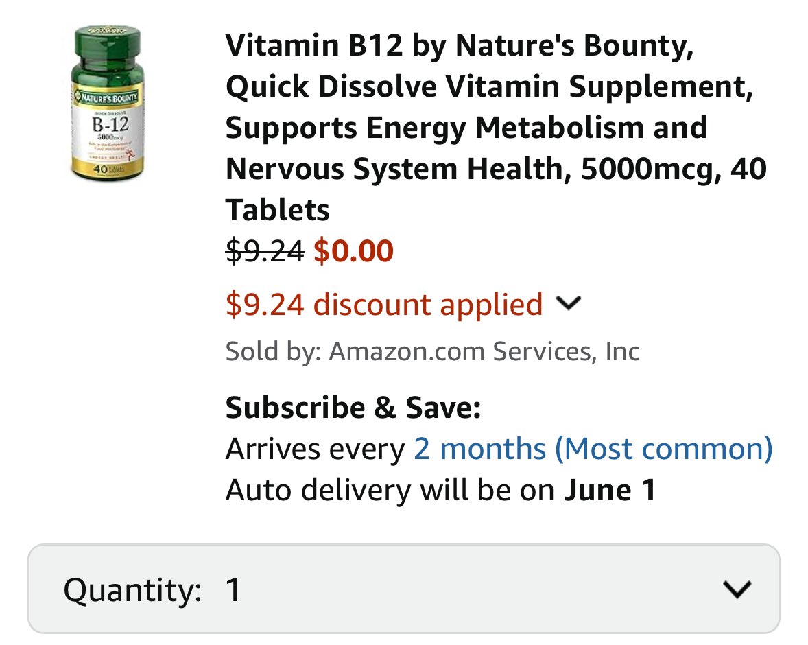 Vitamin B12 by Nature's Bounty, Quick Dissolve Vitamin Supplement, 40 Tablets now as low as FREE via Amazon

✂️ First, Clip 25% Off Coupon Here - amzn.to/4jetQN3

♻️ Clip $6 Off Coupon. Subscribe &amp; Save For Additional Savings

🔗 - amzn.to/432TeyZ

#LRDeal | #AD