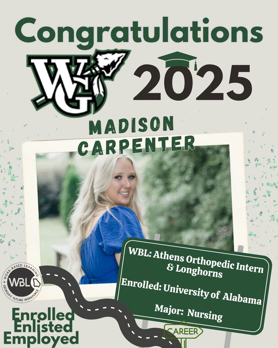 Meet Madison Carpenter, senior in our WBL program! Madison interned at Athens Orthopedic Clinic, She also works at LongHorn steakhouse, showing true dedication and drive. This fall, Madison is headed to the University of Alabama to pursue her dream of becoming a nurse!