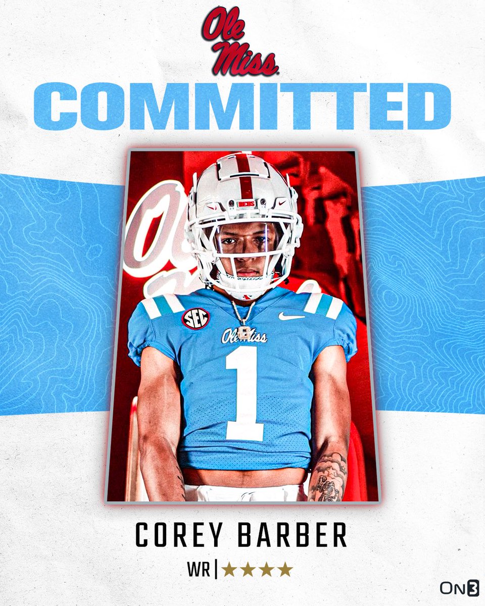 On3 Recruits (@on3recruits) on Twitter photo 🚨BREAKING🚨 4-star WR Corey Barber has committed to Ole Miss, <a href="/Hayesfawcett3/">Hayes Fawcett</a> reports🦈
More from <a href="/ChadSimmons_/">ChadSimmons</a>: on3.com/news/4-star-wr… 🚨BREAKING🚨 4-star WR Corey Barber has committed to Ole Miss, <a href="/Hayesfawcett3/">Hayes Fawcett</a> reports🦈
More from <a href="/ChadSimmons_/">ChadSimmons</a>: on3.com/news/4-star-wr…
