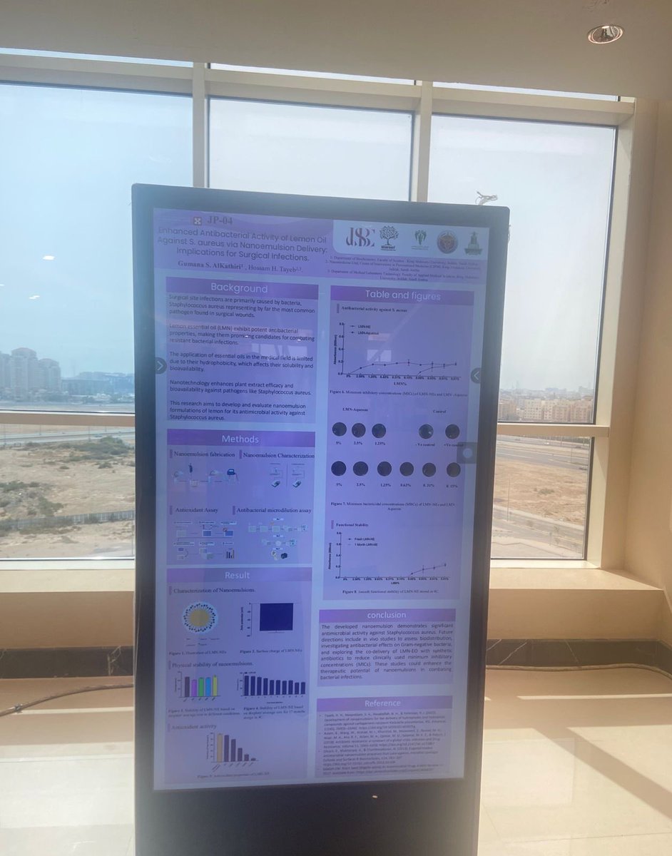 مشاركة <a href="/CIPM_KAU/">CIPM</a> ببحث علمي بعنوان
Enhanced Antibacterial Activity of Lemon Oil Against S. aureus via Nanoemulsion Delivery
  في اليوم الأول من مؤتمر <a href="/JSBCofficial/">Jeddah Surgical Bootcamp Conference</a> ، والذي تم عمله  بوحدة @NanoMed_CIP  تحت اشراف <a href="/Nanobiotech3/">Dr. Hossam Tayeb</a>