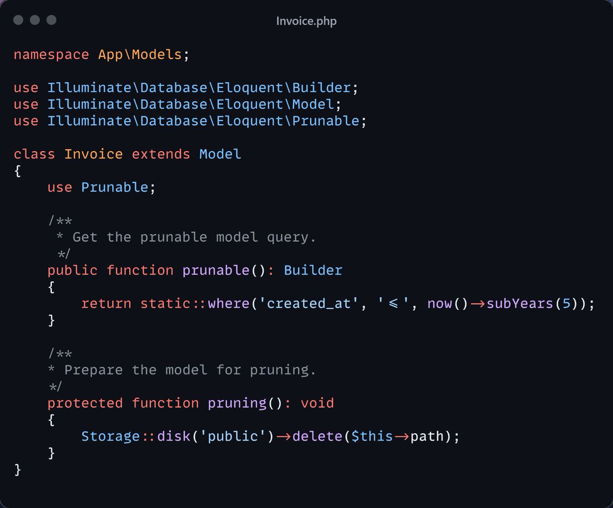 🔍 The pruning() method in Laravel runs right before a Prunable model gets deleted.
Perfect for cleaning up files or related data ahead of delete().
In this case, it deletes the file linked to an old Invoice.
#Laravel #PHP #LaravelTips
