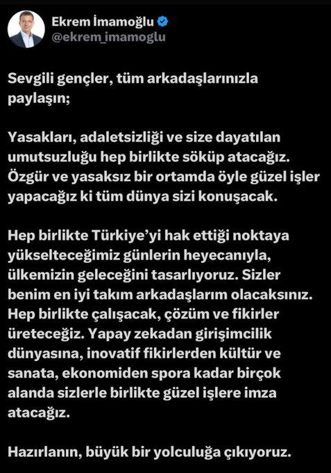 solcugazete60's tweet photo. Ekrem İmamoğlu: (Gençlere)

“Hazırlanın, büyük bir yolculuğa çıkıyoruz.” https://t.co/BH9aY28kBR