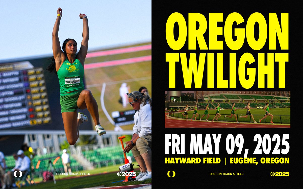 MEET DAY | Regular-season finale (and Senior Day) at Hayward Field

🦆 Oregon Twilight 
💻 <a href="/BigTenPlus/">B1G+</a> + <a href="/runnerspace/">RunnerSpace</a> 
📊 bit.ly/44slvBz

Field events start at 4 p.m., running at 5 p.m.

Preview ➡️ bit.ly/4m8UGbV

#GoDucks