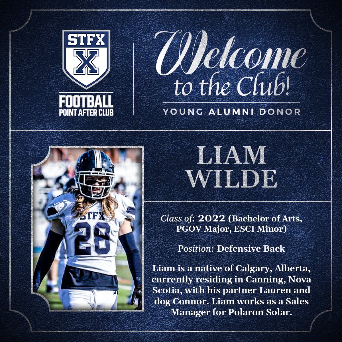 X-Men Football would like to welcome Liam Wilde to the Point After Club as a Young Alumni Donor!

To learn more about the Point After Club visit xmenpac.ca