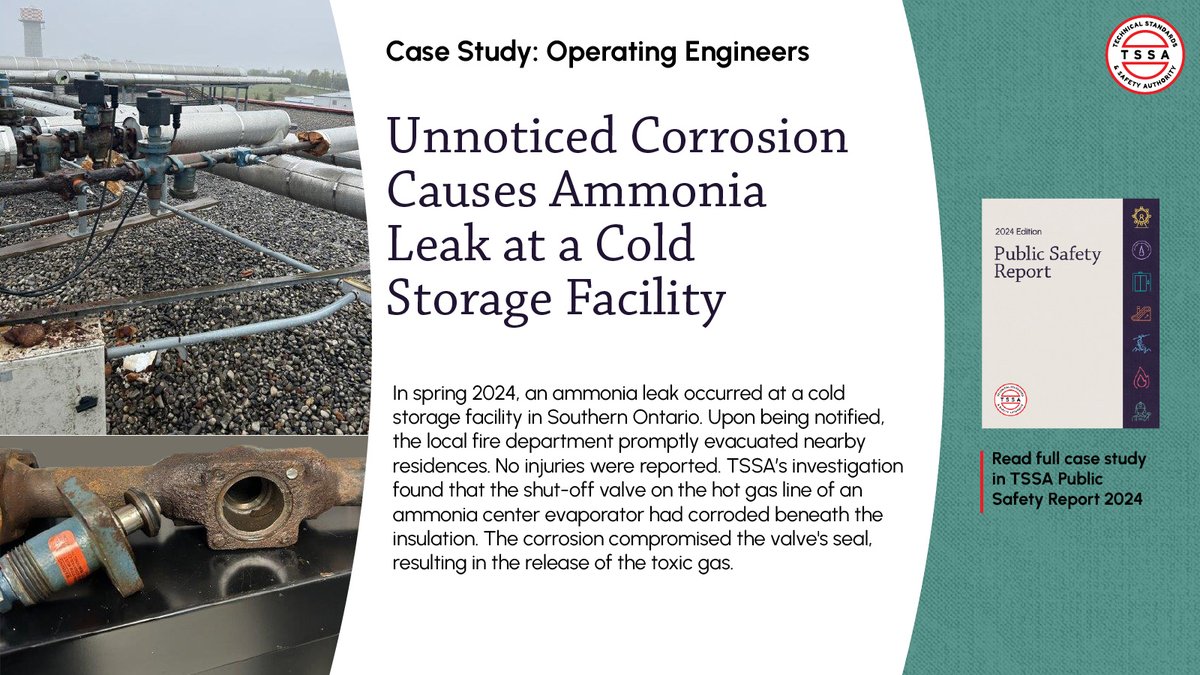 In the past year, a leak at a cold storage facility in Ontario released ammonia gas into the surrounding environment. Thankfully, nearby residences were evacuated and there were no reported injuries.   

An investigation found the leak could have been prevented with more regular