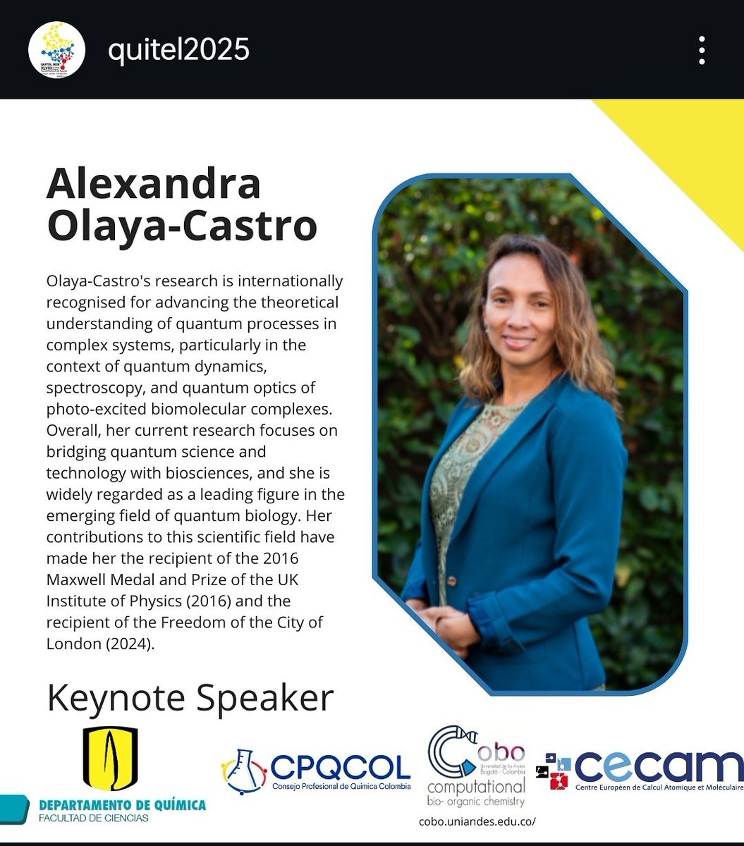Cobo_Uniandes (@cobo_uniandes) on Twitter photo Keynote invited speaker at #QUITEL2025.
14-18 july 2025, Cartagena (Colombia).
cobo.uniandes.edu.co/index.php/quit…
<a href="/AlexOlayaCastro/">Alexandra Olaya-Castro</a> Keynote invited speaker at #QUITEL2025.
14-18 july 2025, Cartagena (Colombia).
cobo.uniandes.edu.co/index.php/quit…
<a href="/AlexOlayaCastro/">Alexandra Olaya-Castro</a>