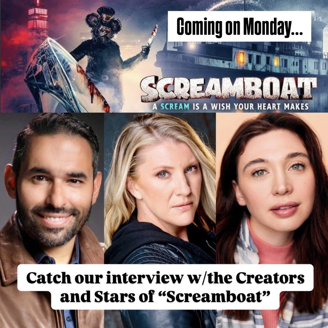Our next group of guests are the creators and stars of SCREAMBOAT (now available on VOD) — the horror comedy about everyone’s favorite whistling boat mouse, Steamboat Willie. 🚢

Tune in Monday for our interview with STEVEN LAMORTE (Director/Co-Writer), AMY SCHUMACHER