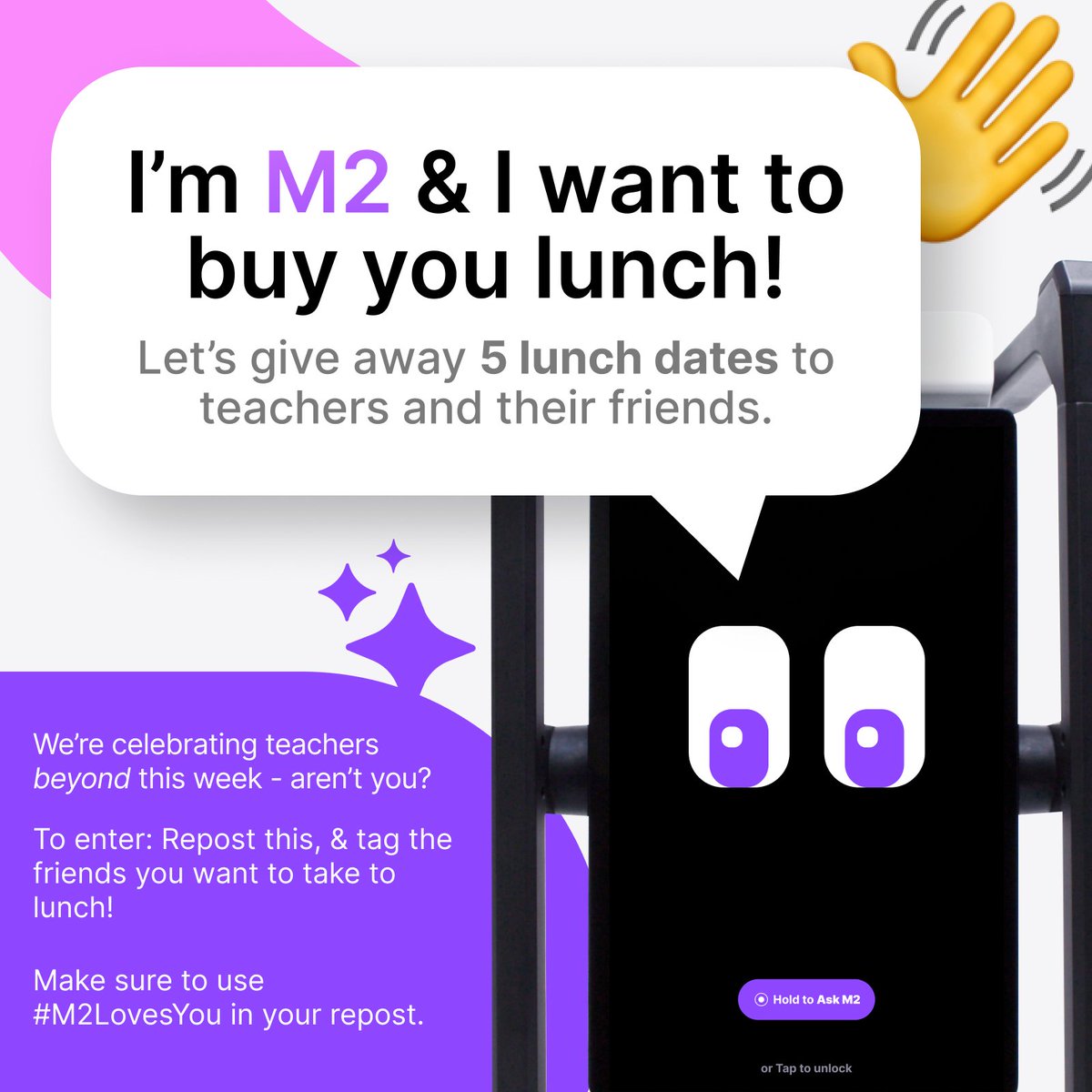 #TeacherAppreciationWeek does not end today - M2 buys lunch for 5 participants next week!   

* follow us 
* repost &amp; tag the friends you want to take to lunch! 
* tag #M2LovesYou 

M2 will pick 5 winners at 5pm PST on Friday, 5/9 :)
