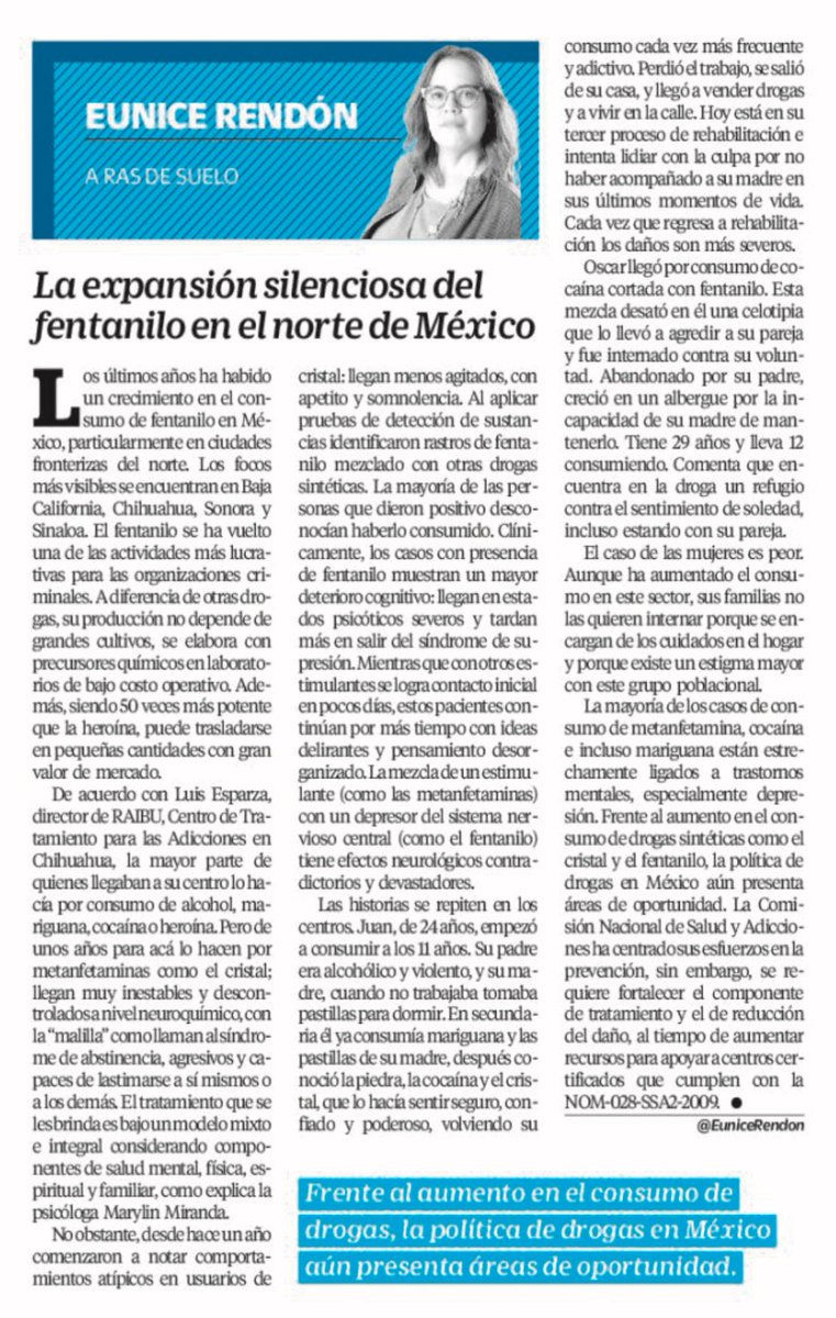 EuniceRendon's tweet image. 🗞️ La expansión silenciosa del fentanilo 💊 en el norte de México, mi columna de hoy en @El_Universal_Mx 

Las #drogas sintéticas, especialmente el cristal, son la principal causa por la que las personas llegan a centros de atención a las #adiciones en 🇲🇽. Además, cada vez más