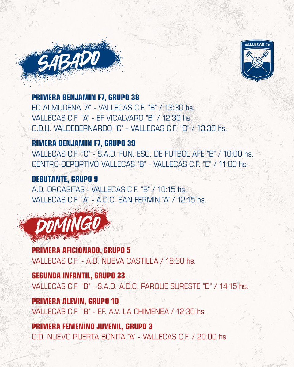 🗓️ Partidos de la fecha 🗓️ 

Conoce los horarios de los partidos de este fin de semana 👉 Del 9 al 11 de mayo. 

¡Te esperamos para animar a nuestros equipos! ⚪️🔵 

#VamosVallecas #SomosVallecas #VallecasUnido