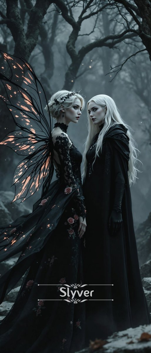 SlyverHQ's tweet photo. Lyssandra & Vaelith, Sisters of the Mist
One is a shadowed fae, her wings glittering with starlight.
The other, a witch of the withered woods, silent and cold.
They speak little, but their gaze alone can freeze time.
Two dark beauties, bound by one vow: to guard the secrets of the forbidden forest.
#Wallpaper #THFW #Series