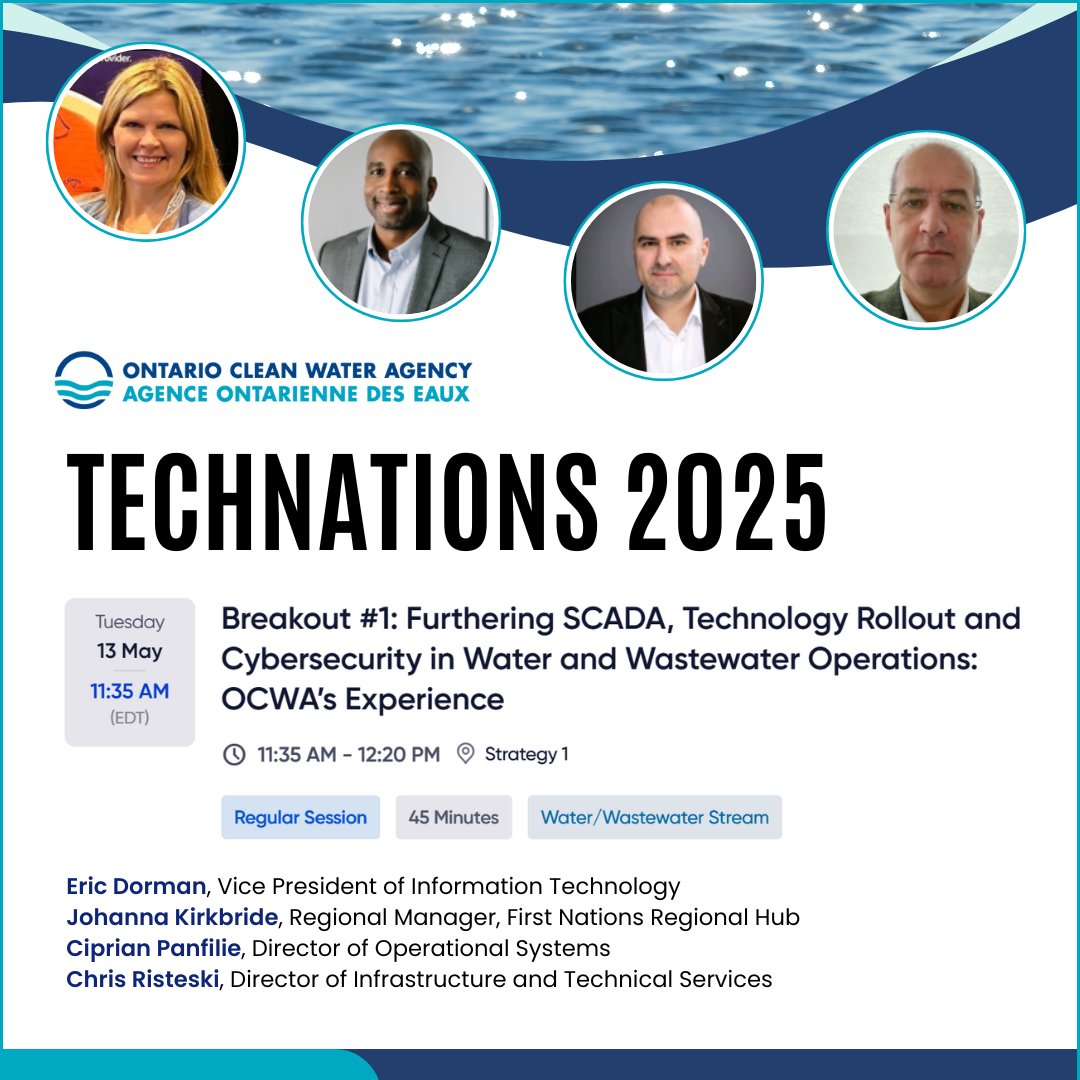 OCWAnews's tweet image. Join OCWA at #TechNations 2025 next week in Niagara Falls!
Drop by our booth for a chat. And check out our session “Furthering SCADA, Technology Rollout and Cybersecurity in Water &amp;amp; Wastewater Operations: OCWA’s Experience” on May 13 at 11:35 AM. @OFNTSC