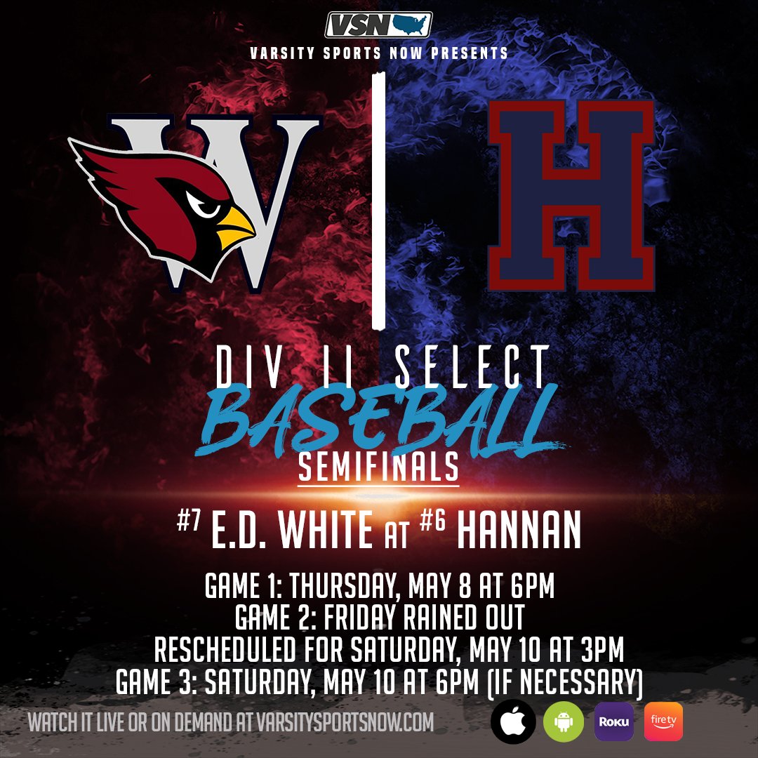 Varsity Sports Now (@vsnlouisiana) on Twitter photo Weather causing havoc
Game 2 between E.D. White at Hannan has been postponed until 3pm Saturday, Game 3 (if necessary) would be 45 minutes after the end of Game 2
EDW leads the series 1-0
VSN Broadcast live streaming the series at: varsitysportsnow.com/baseball-games
<a href="/HannanAthletics/">Hannan Athletics</a> Weather causing havoc
Game 2 between E.D. White at Hannan has been postponed until 3pm Saturday, Game 3 (if necessary) would be 45 minutes after the end of Game 2
EDW leads the series 1-0
VSN Broadcast live streaming the series at: varsitysportsnow.com/baseball-games
<a href="/HannanAthletics/">Hannan Athletics</a>