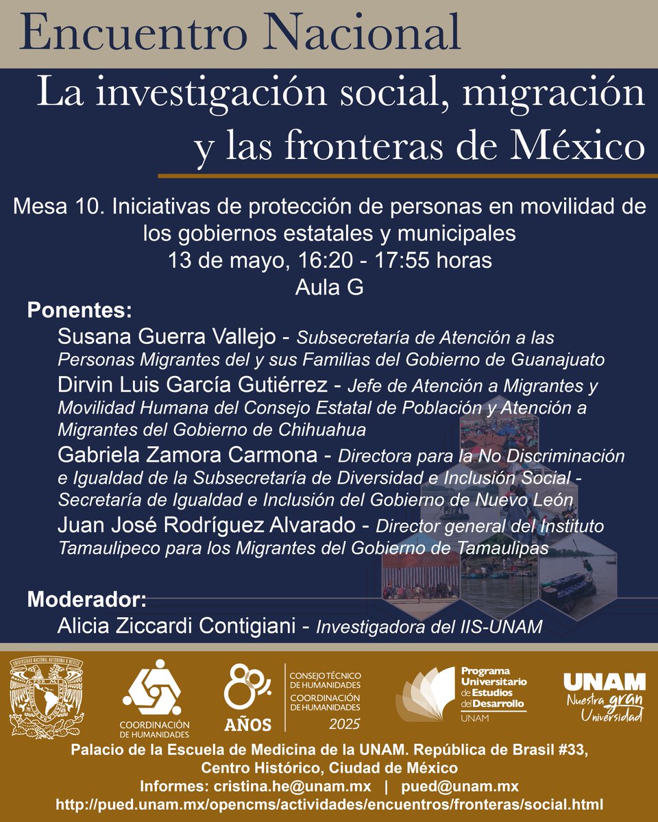 PUED-UNAM (@puedunam) on Twitter photo Alicia Ziccardi (<a href="/IISUNAM/">IISUNAM</a>), Susana Guerra (<a href="/gobgente/">Gobierno de la Gente</a>), Dirvin García (<a href="/GobiernoEdoChih/">Gobierno de Chihuahua</a>), Gabriela Zamora (<a href="/IgualdadNL/">Secretaría de Igualdad e Inclusión de Nuevo León</a>) y Juan Rodríguez (<a href="/gobtam/">Gobierno Tamaulipas</a>) participarán en la Mesa 10 de nuestro #EncuentroNacional.
📅13 de mayo
⏰16:20 h
📍<a href="/palaciomedicina/">Palacio de Medicina</a> Alicia Ziccardi (<a href="/IISUNAM/">IISUNAM</a>), Susana Guerra (<a href="/gobgente/">Gobierno de la Gente</a>), Dirvin García (<a href="/GobiernoEdoChih/">Gobierno de Chihuahua</a>), Gabriela Zamora (<a href="/IgualdadNL/">Secretaría de Igualdad e Inclusión de Nuevo León</a>) y Juan Rodríguez (<a href="/gobtam/">Gobierno Tamaulipas</a>) participarán en la Mesa 10 de nuestro #EncuentroNacional.
📅13 de mayo
⏰16:20 h
📍<a href="/palaciomedicina/">Palacio de Medicina</a>