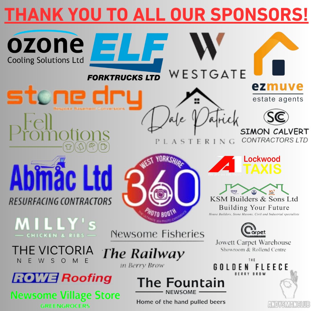 THANK YOU TO EVERY ONE OF OUR AMAZING SPONSORS FROM THE 2024/25 SEASON!

Your Support Will Always Be Massively Appreciated!

Love From Newsome FC ❤️

#WTB