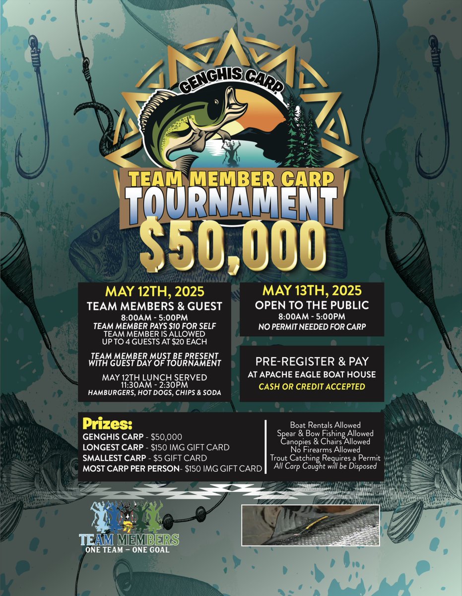 Get ready for the Genghis Carp Tournament with a $50,000 prize! 🏆 
📅 May 12th, 2025 - Team Members &amp; Guests
📅 May 13th, 2025 - Open to the Public (No Permit Needed!)

Boat rentals allowed, plus food and fun for all. 🎣💰 #FishingTournament #GenghisCarp #BigCatch